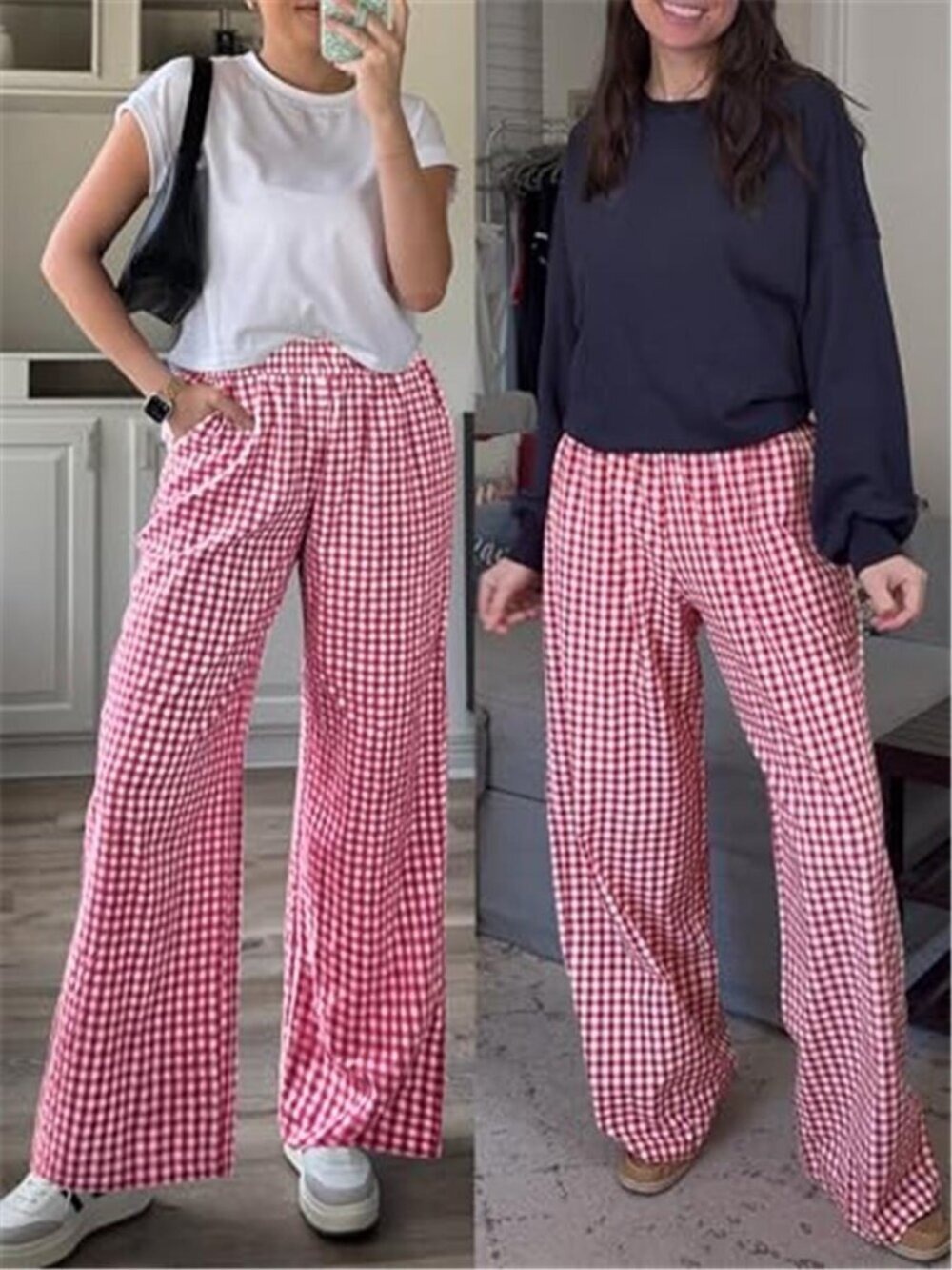 Women's Red Palazzo Pants, Striped & Gingham, Lounge & Casual, Lounge Pants - Picture 6 of 11